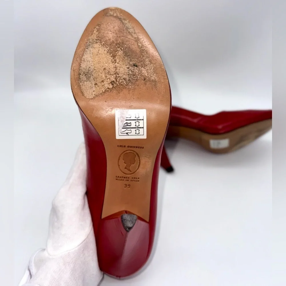 LULU GUINNESS Red Leather 3” Heels Old Style Diamond Accents Size: 39/ US:8